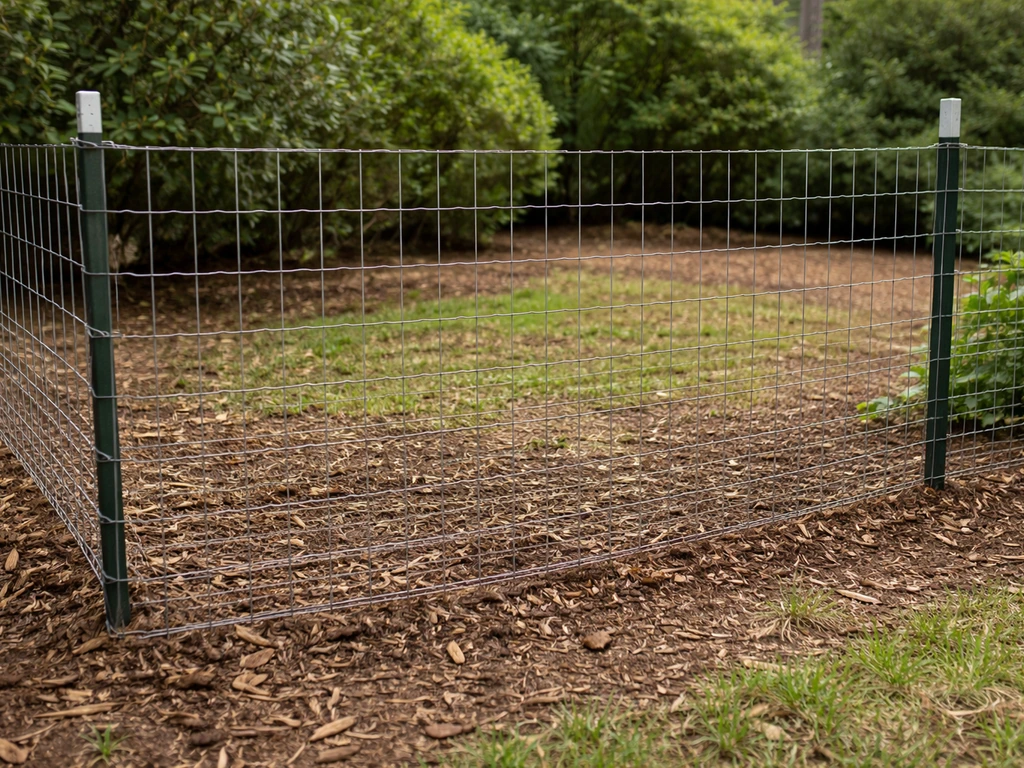 Welded wire hog-wire fence barrier around a low nesting area, open ground cover behind it