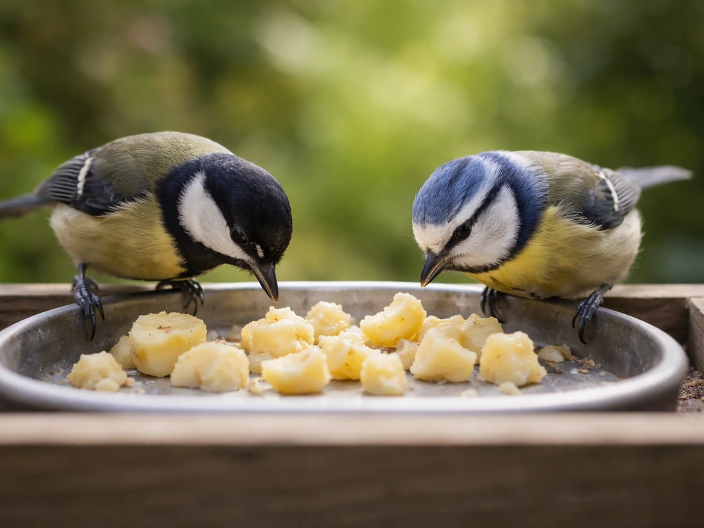 Small garden birds eating tiny banana pieces from a clean outdoor feeder
