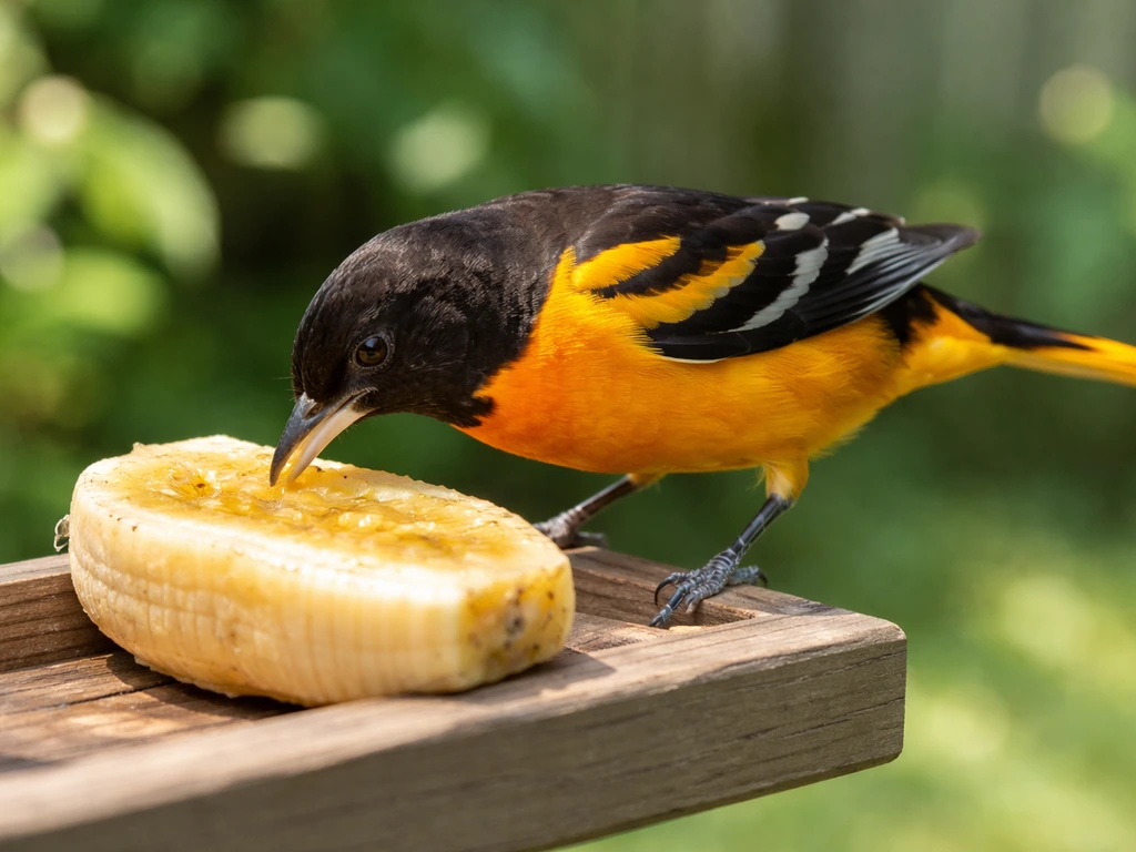 Baltimore oriole perched near a banana at a backyard feeder, natural sunlight and soft background.