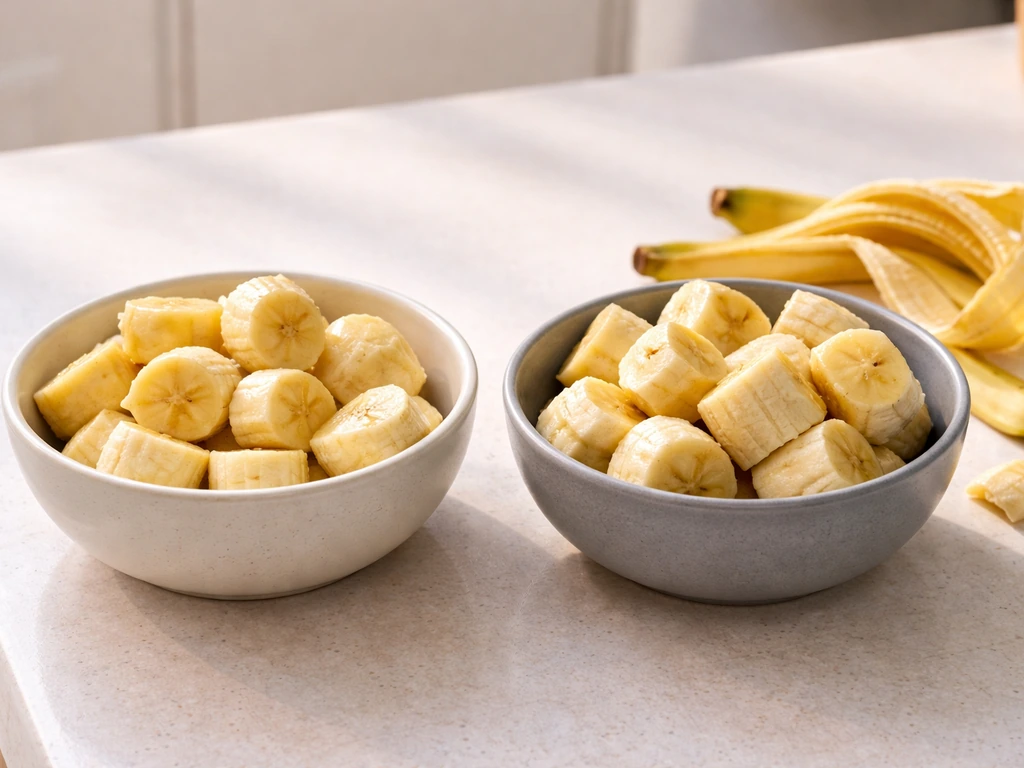 Two small dishes side-by-side: peeled banana chunks vs peel-on banana pieces on a kitchen counter.