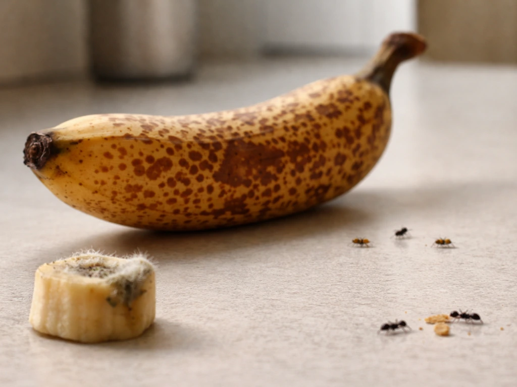 Ripe brown banana, a moldy banana piece, and a few small insects nearby on a kitchen counter.