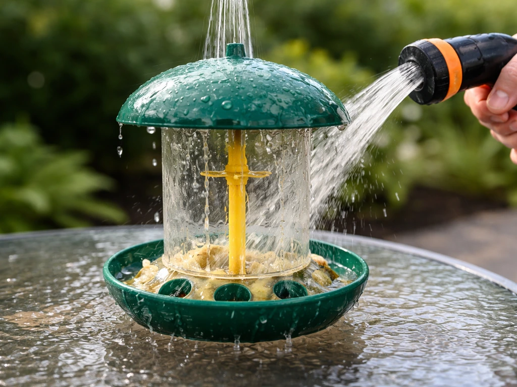 Close-up of a bird fruit feeder being rinsed with water, banana residue removed, ready for reuse.