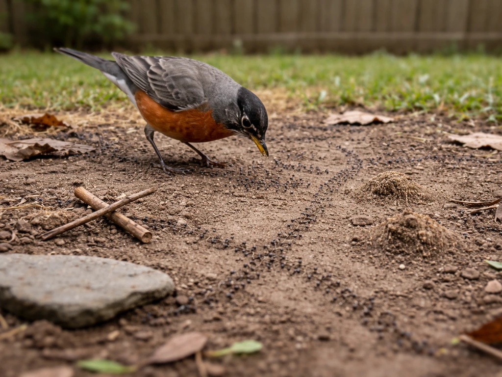 Songbird foraging on the ground near visible ant trails in a quiet backyard yard.