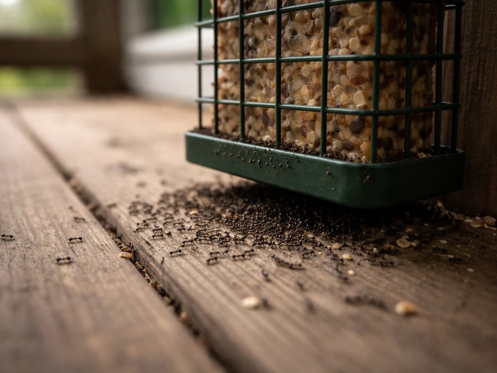 Small cluster of ants swarming around a suet feeder base near a porch window on the ground.