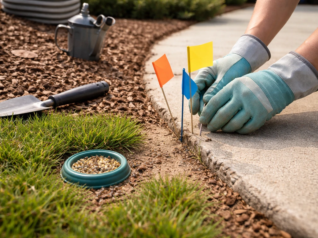 Gloved hands place yard flags near an active ant trail by mulch and a feeder area in a backyard.