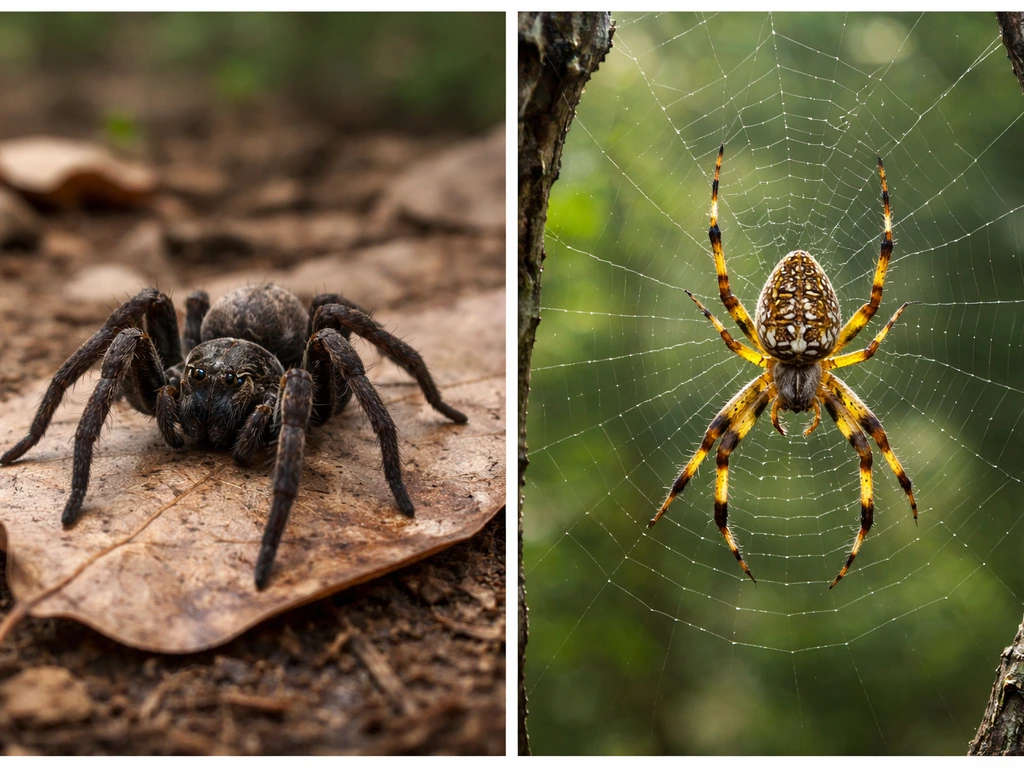 Split-view photo showing a heavy-bodied ambush hunter spider and a large orb-weaver with a bird-catching web.