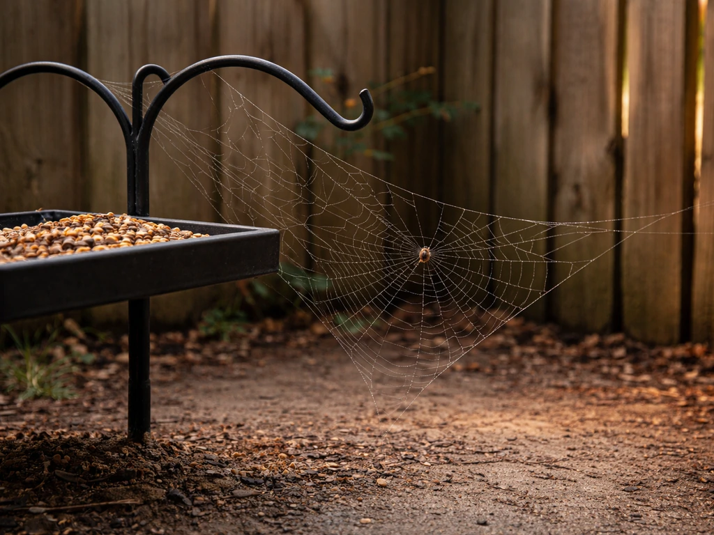Close view of a backyard bird feeder with a large spider web, a spider on strands, and disturbed ground marks.