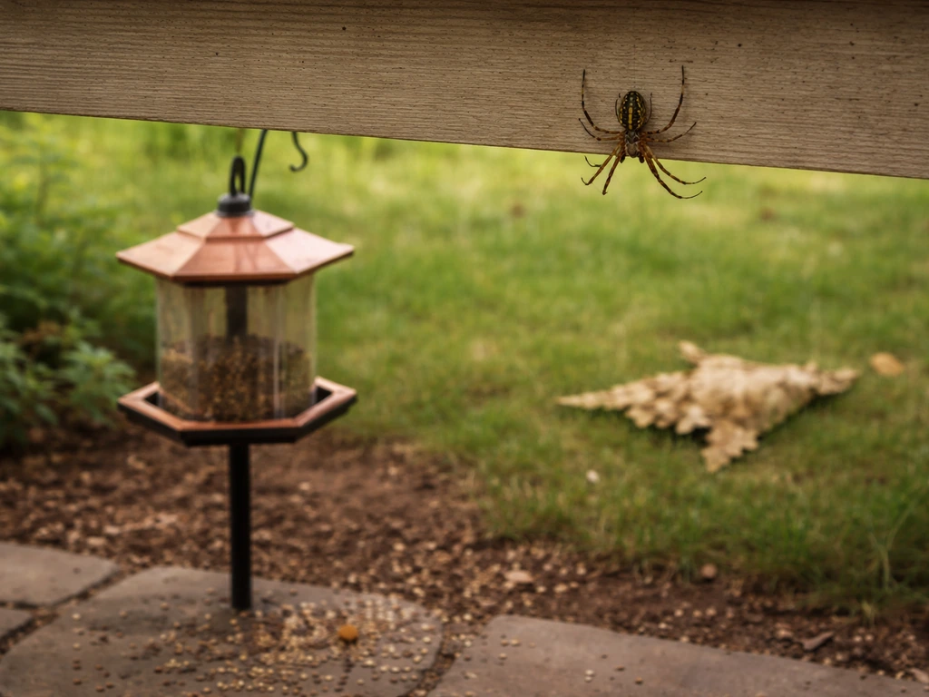 Close-up of a spider on a porch wall near an empty bird feeder, with scattered seeds nearby; calm, non-violent scene.
