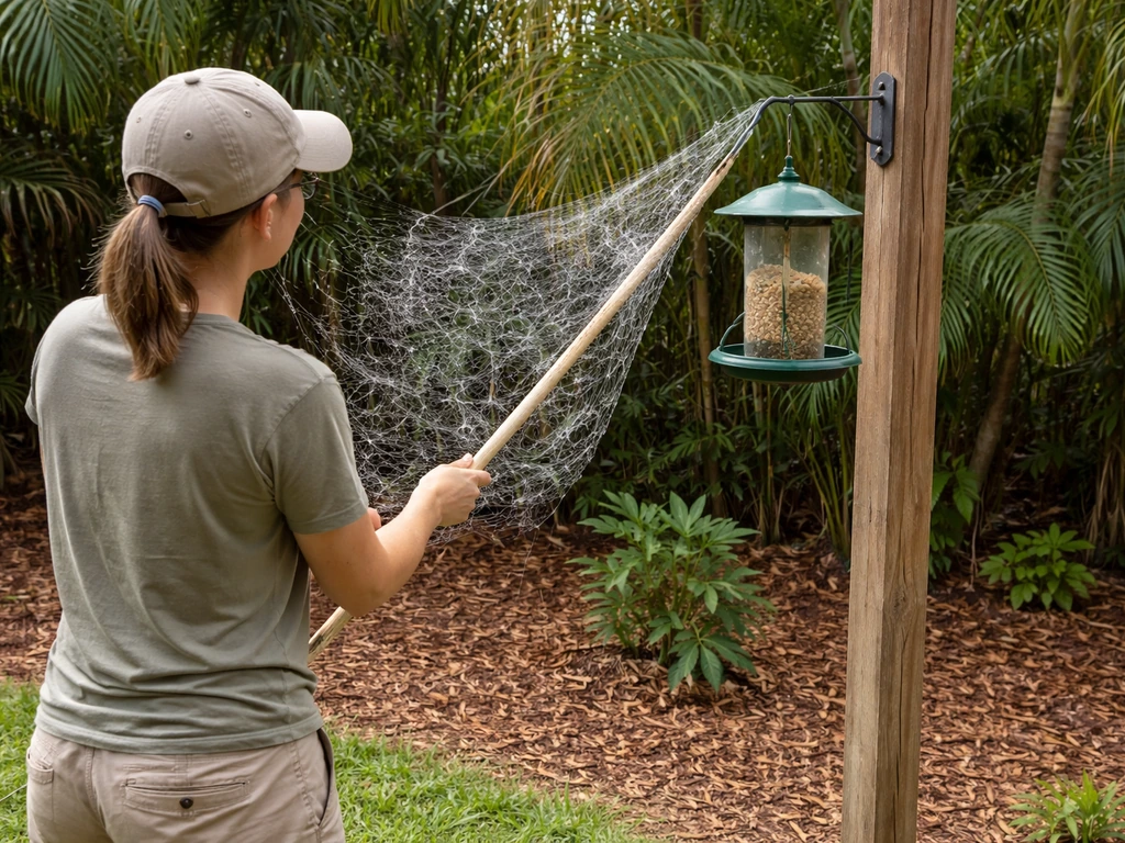 Adult gently rolls a large spider web off a bird feeder with a long stick in a tropical yard.