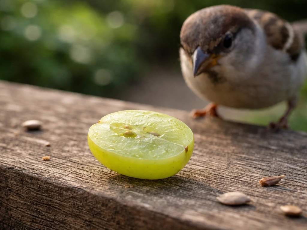 Halved seedless grape on a bird feeder as a small sparrow approaches in natural light.