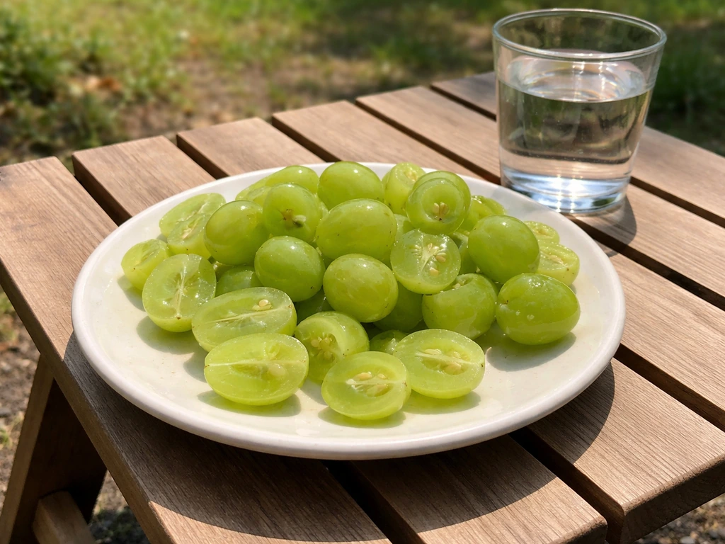 Rinsed seedless grapes cut in half on a small plate, ready to offer wildlife