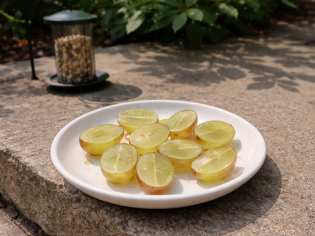Small plate with a neat portion of halved seedless grapes set near a safe outdoor bird feeder area.