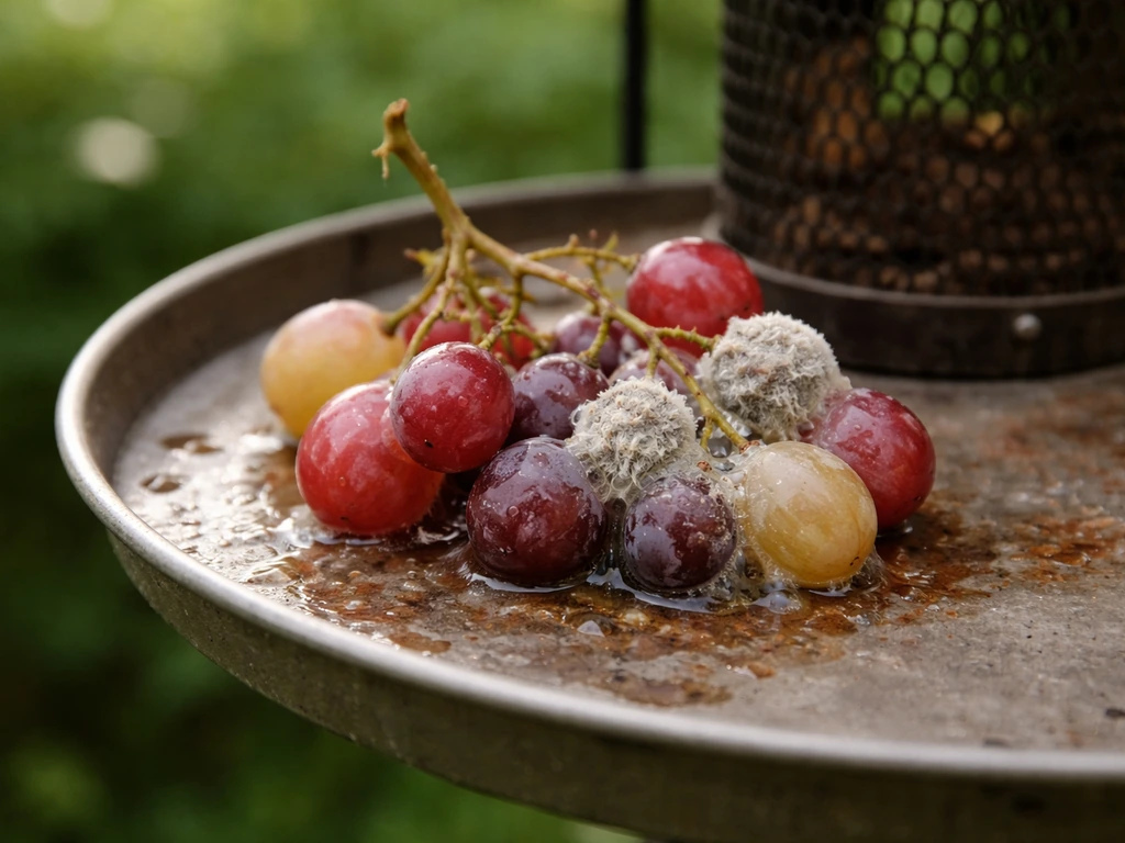 Close-up of grapes on a bird feeder beginning to mold and ferment from warm, wet outdoor conditions