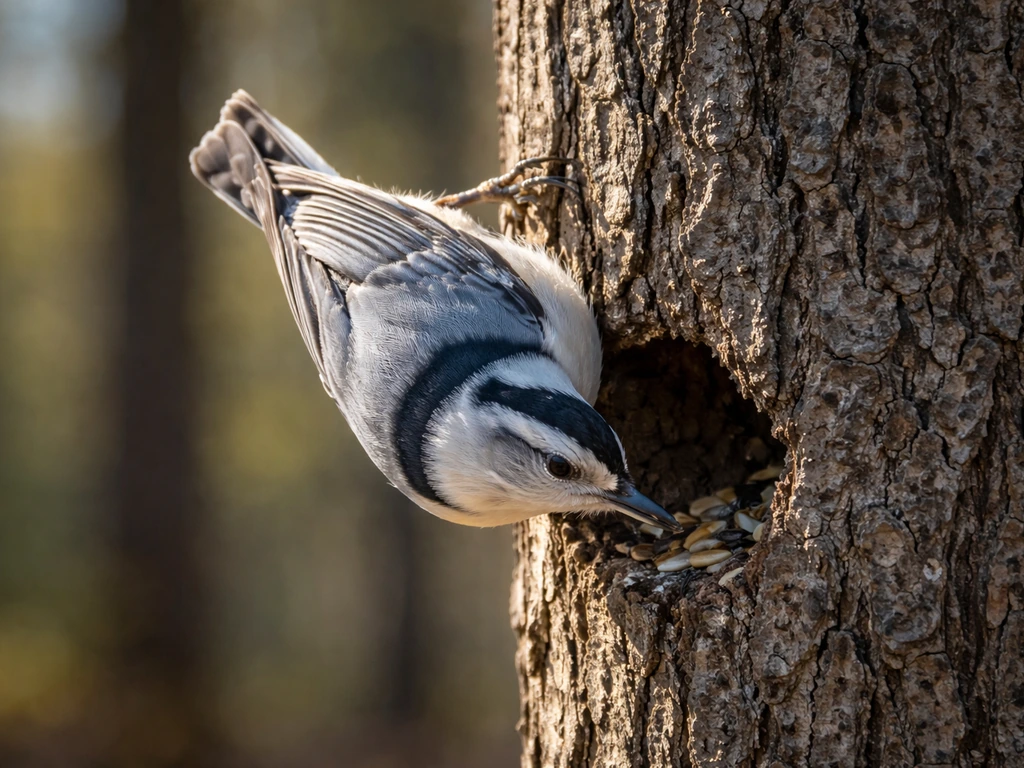 White-breasted nuthatch clings to a vertical tree trunk and feeds from below upside down.
