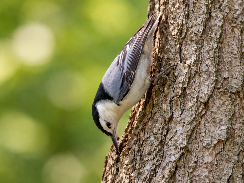 White-breasted nuthatch gripping a tree trunk upside down while probing a bark crevice to feed.