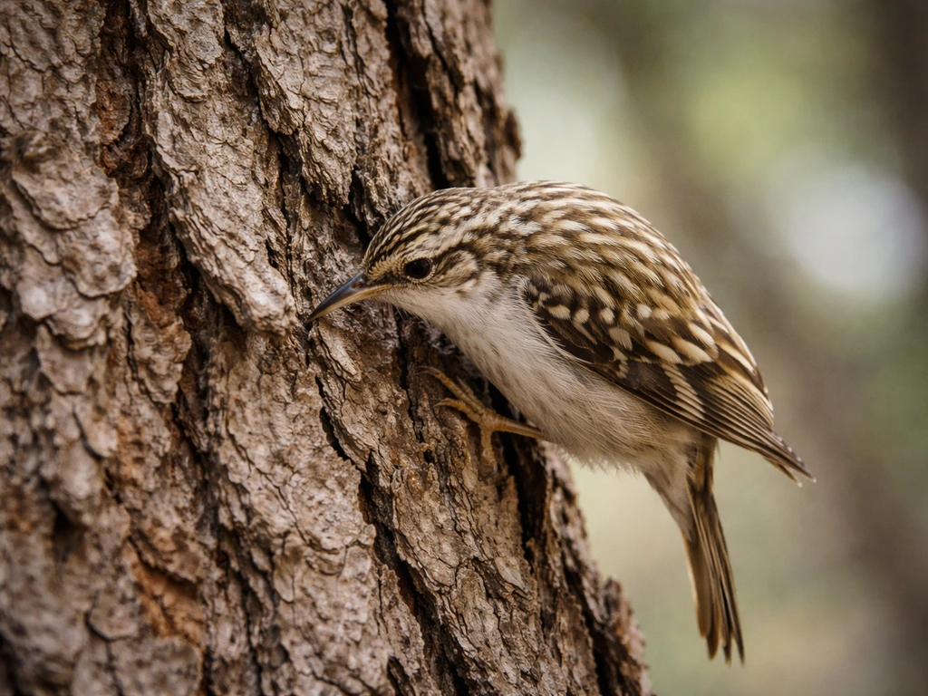 Brown creeper clinging to tree bark, probing crevices along the trunk upside down.