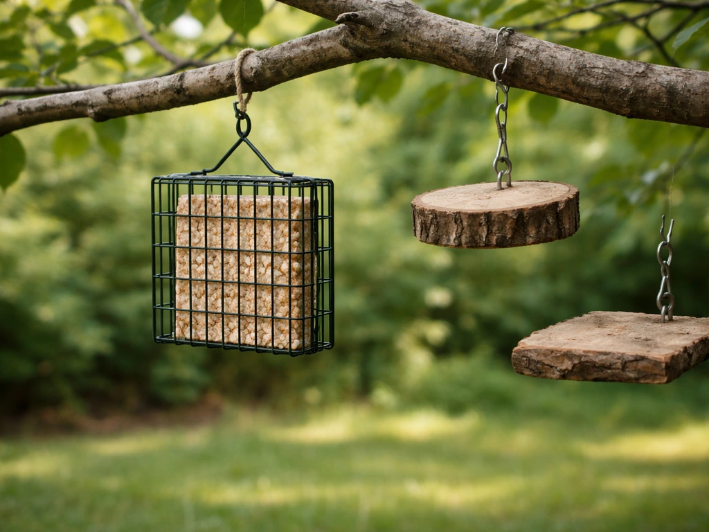 Close-up of an upside-down suet feeder and nearby perches in a quiet backyard yard