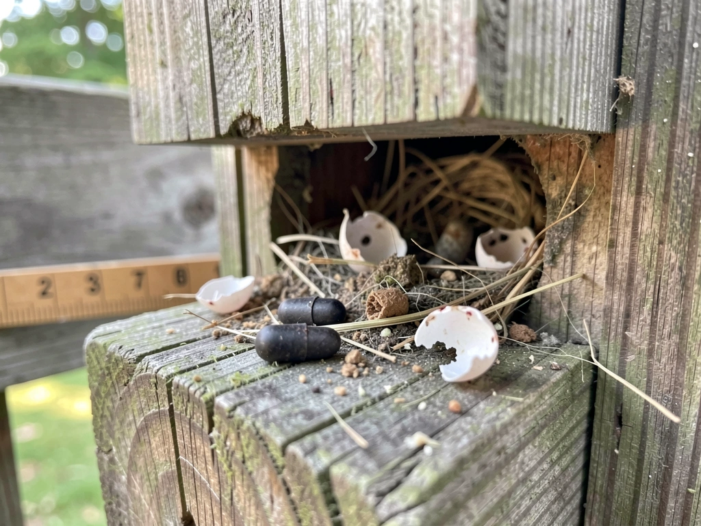 Rat droppings and ragged eggshell fragments under a nestbox, suggesting gnawing and predation.