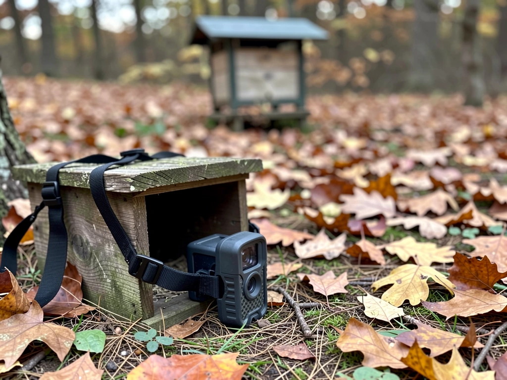 Wildlife camera positioned to capture nighttime rat activity near a bird nestbox.