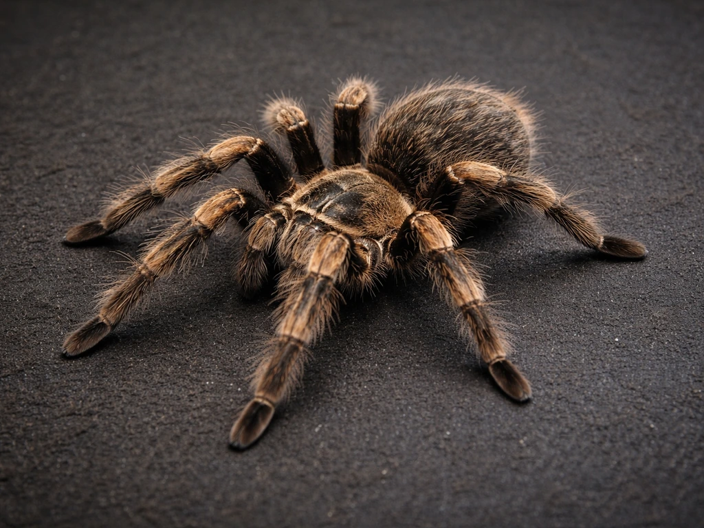Close-up of a tarantula on a dark surface positioned to show body length and diagonal leg span.
