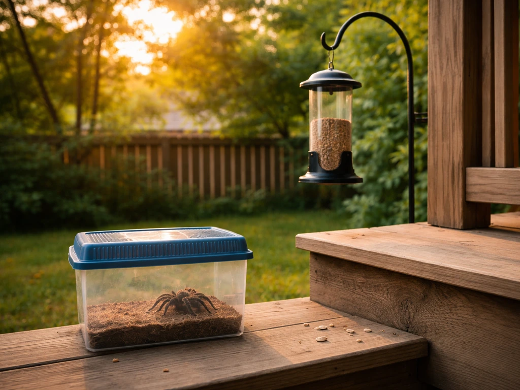 Backyard bird feeder with a closed clear container safely holding a tarantula nearby.