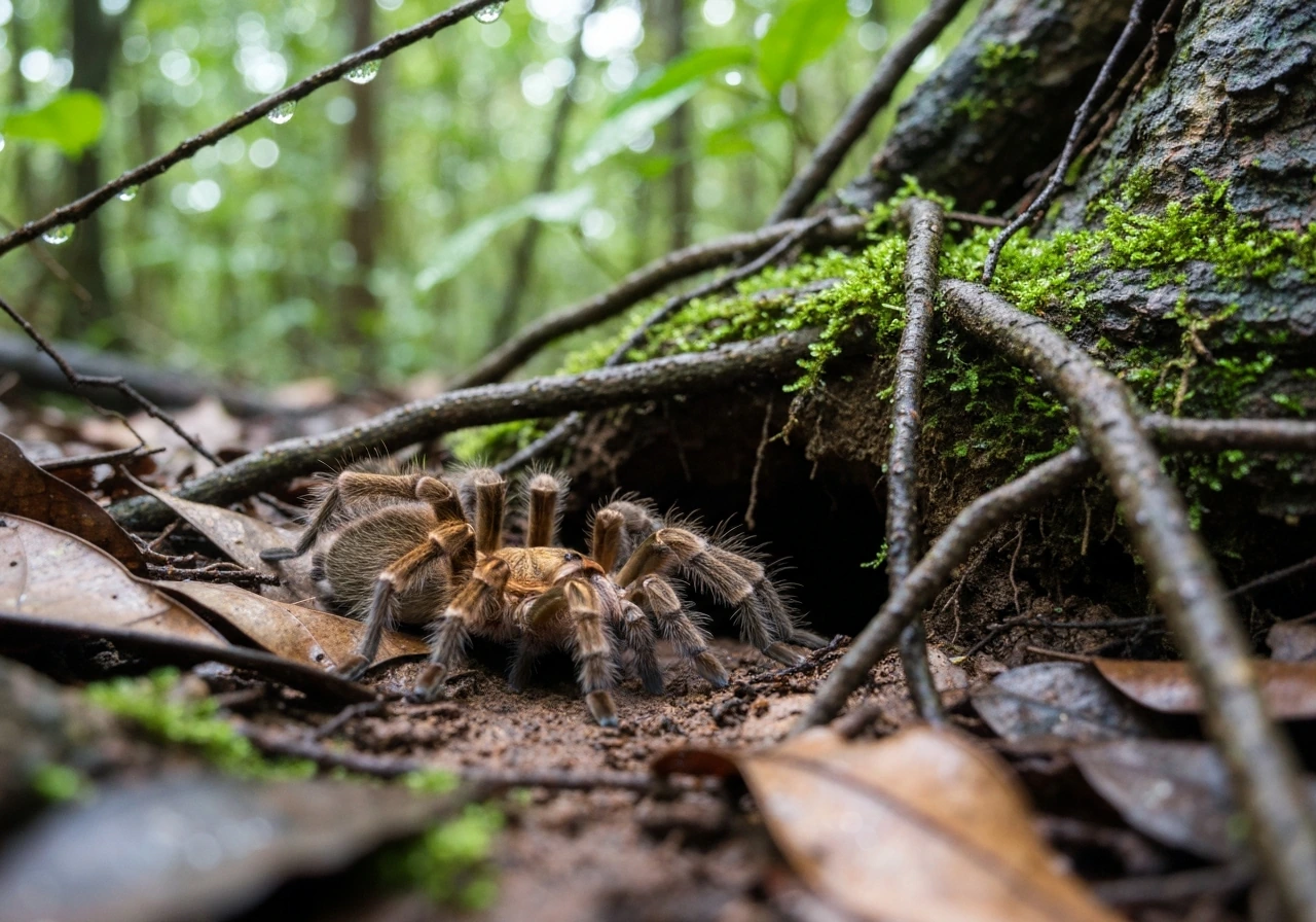 Realistic bird-eating tarantula near a burrow at the base of roots in a humid tropical rainforest.