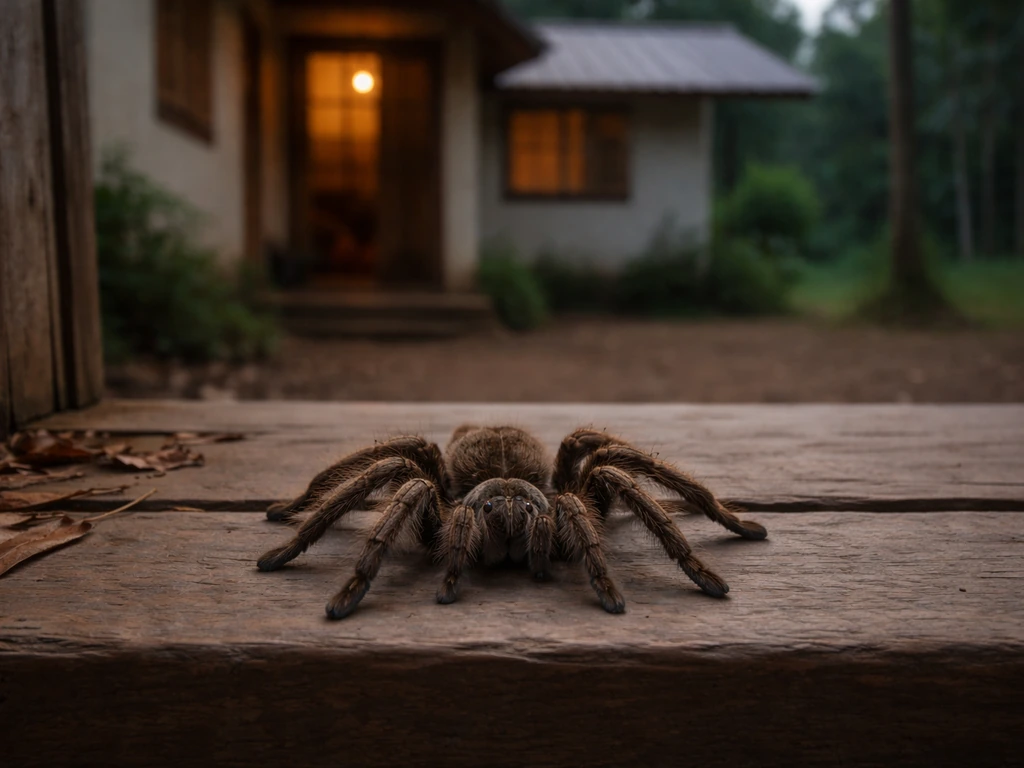 A large tarantula on a porch step at the edge of a tropical rural yard near a forest line.
