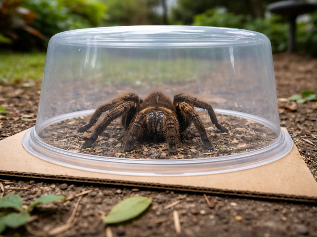 Tropical tarantula safely contained in a clear plastic container with stiff cardboard near the ground.