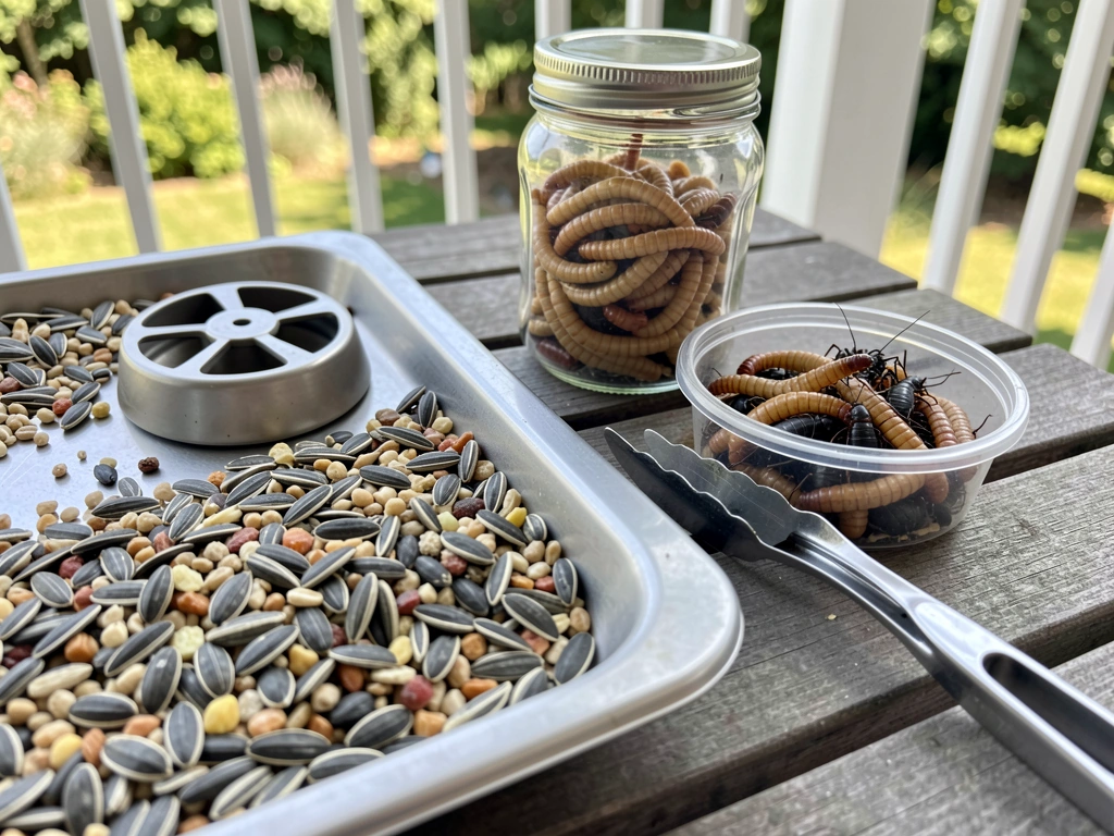 Bird seed and insect prey side-by-side to show snakes don’t eat seed