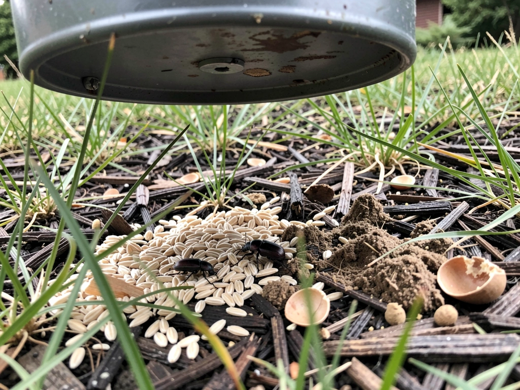 Spilled bird seed and signs of rodent/insect activity beneath feeder