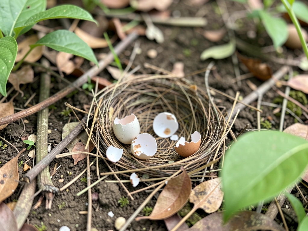 Cracked bird eggshell fragments near a ground nest, indicating small-mammal gnawing.