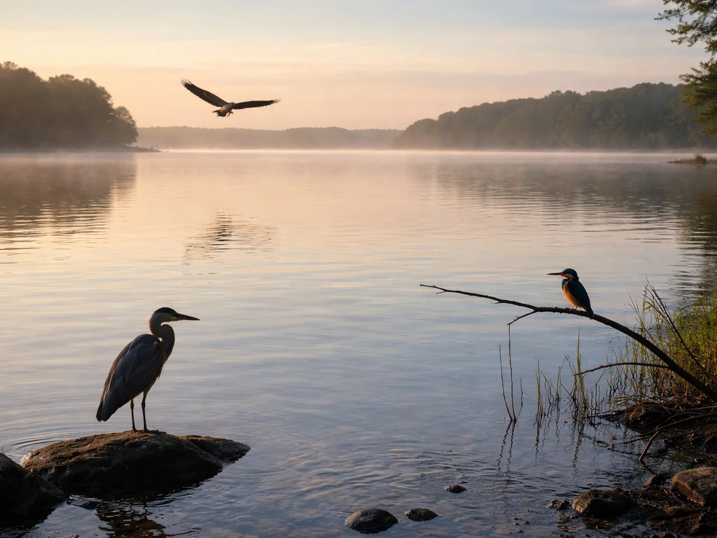 Osprey in flight over calm water with a perched heron and a kingfisher near the shoreline