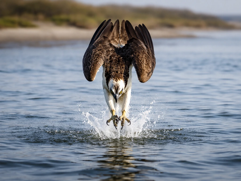 Osprey hovering over open water and diving feet-first, talons extended and water splashing.