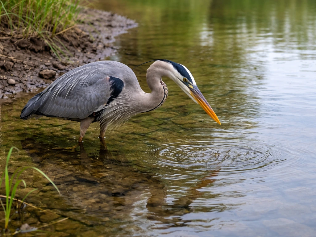 Great blue heron statue-still at a quiet riverbank, moments before a sudden spear-like strike.
