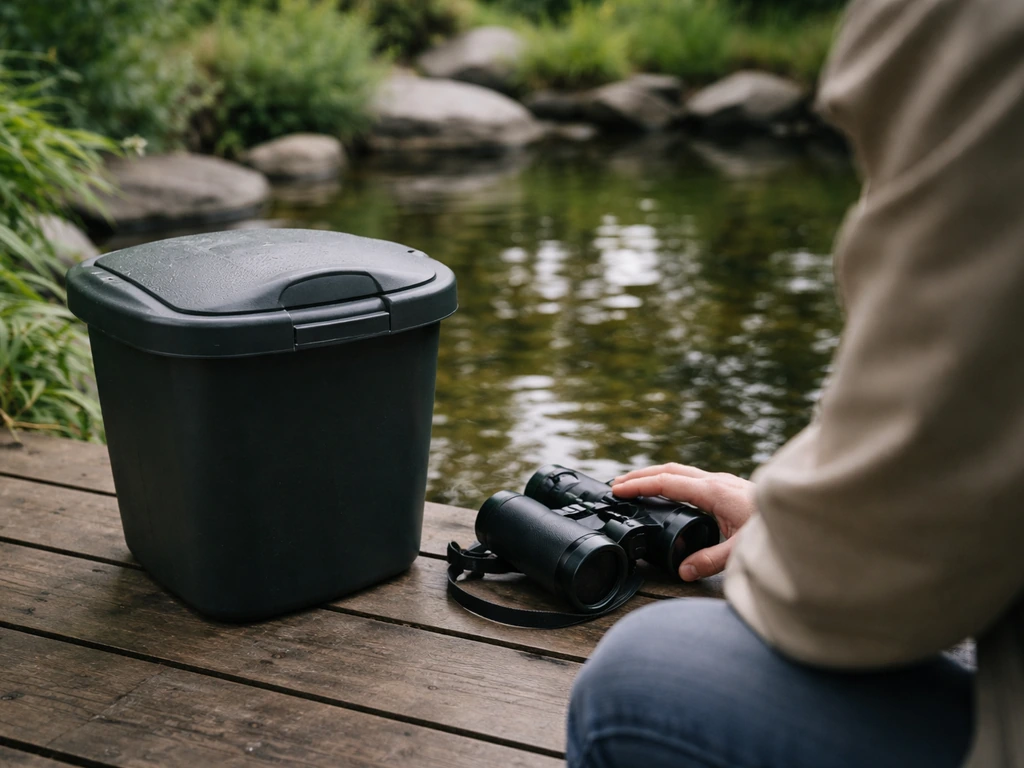 Person observing a pond with binoculars beside a covered bin, avoiding any visible fish scraps
