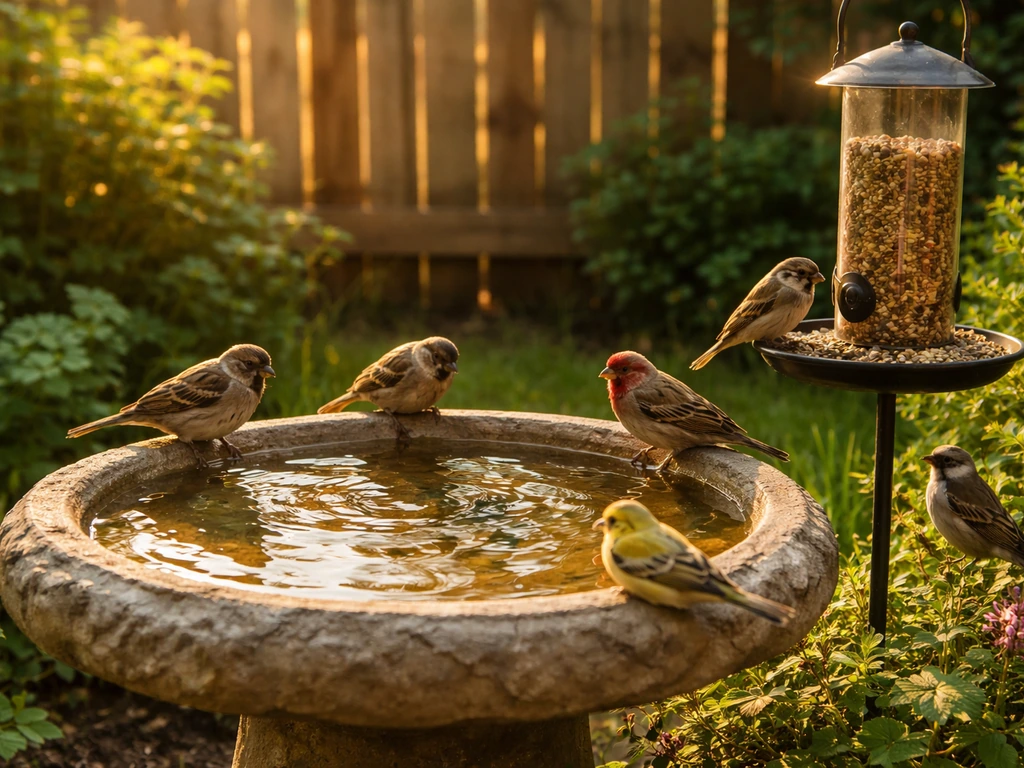 Small backyard birds drinking from a shallow birdbath with fresh water near a seed feeder.