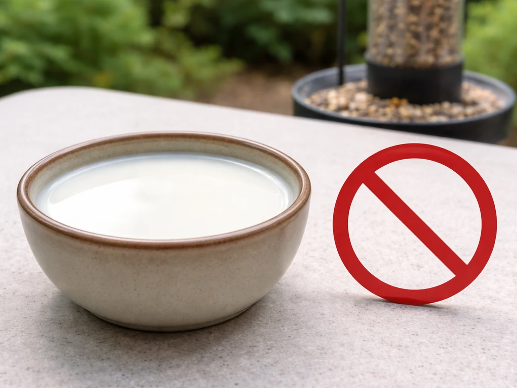 Close-up of a bowl of cow’s milk with a clear no-feeding warning symbol beside it and a small bird feeder element.