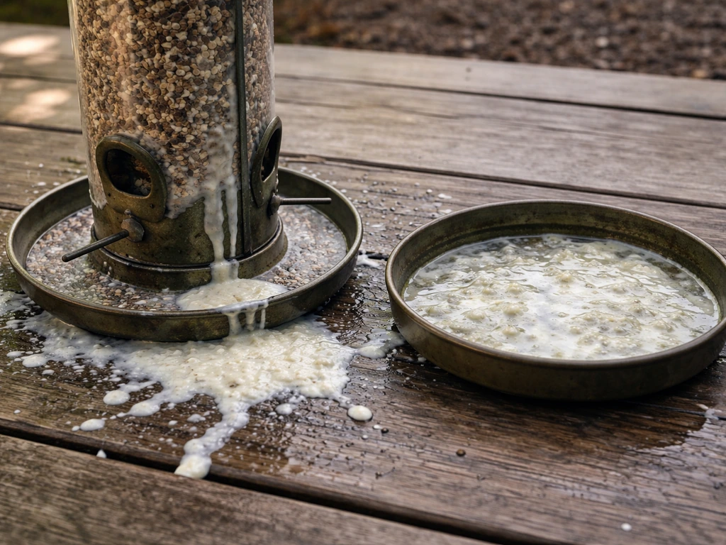 Bird feeder with milk spill residue and cloudy contamination around the feeder base