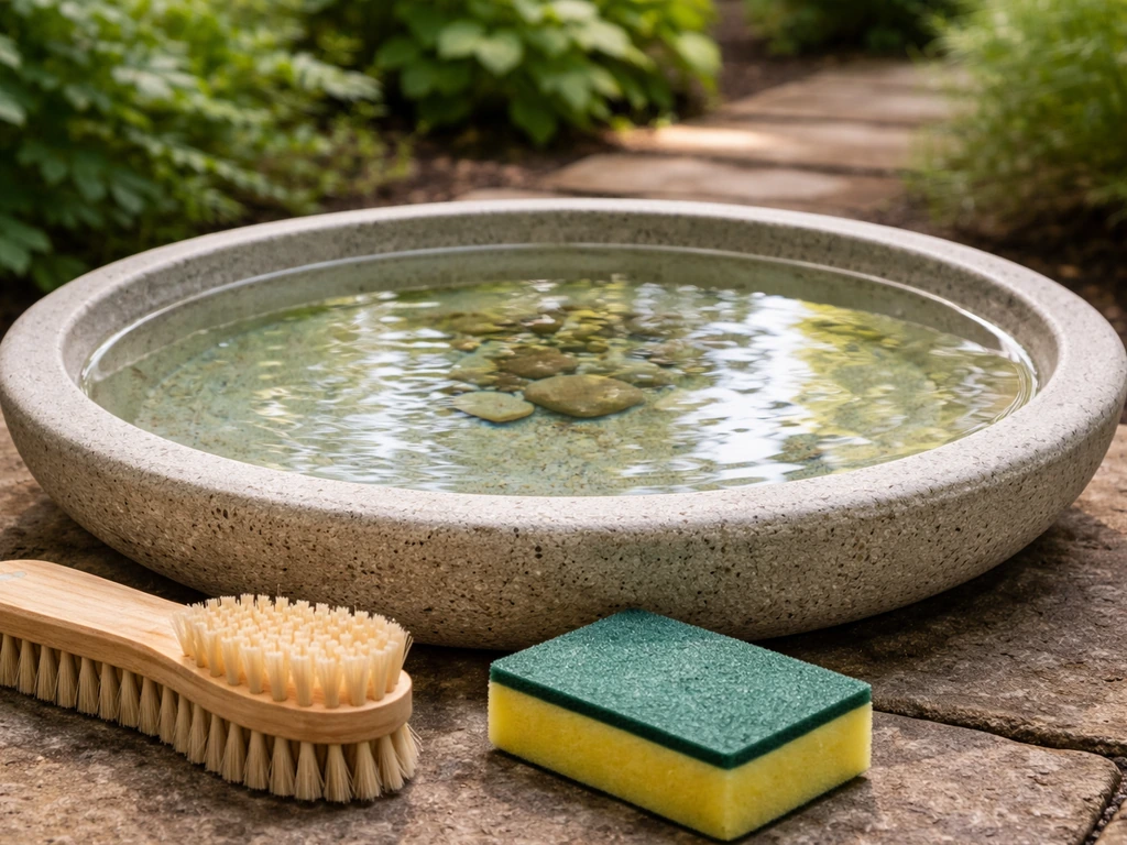 Shallow, freshly cleaned bird bath with scrub brush and sponge beside it in a quiet backyard