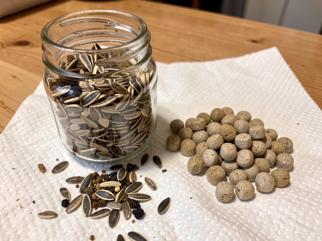 Bird seed with hard shells next to plain guinea pig pellets