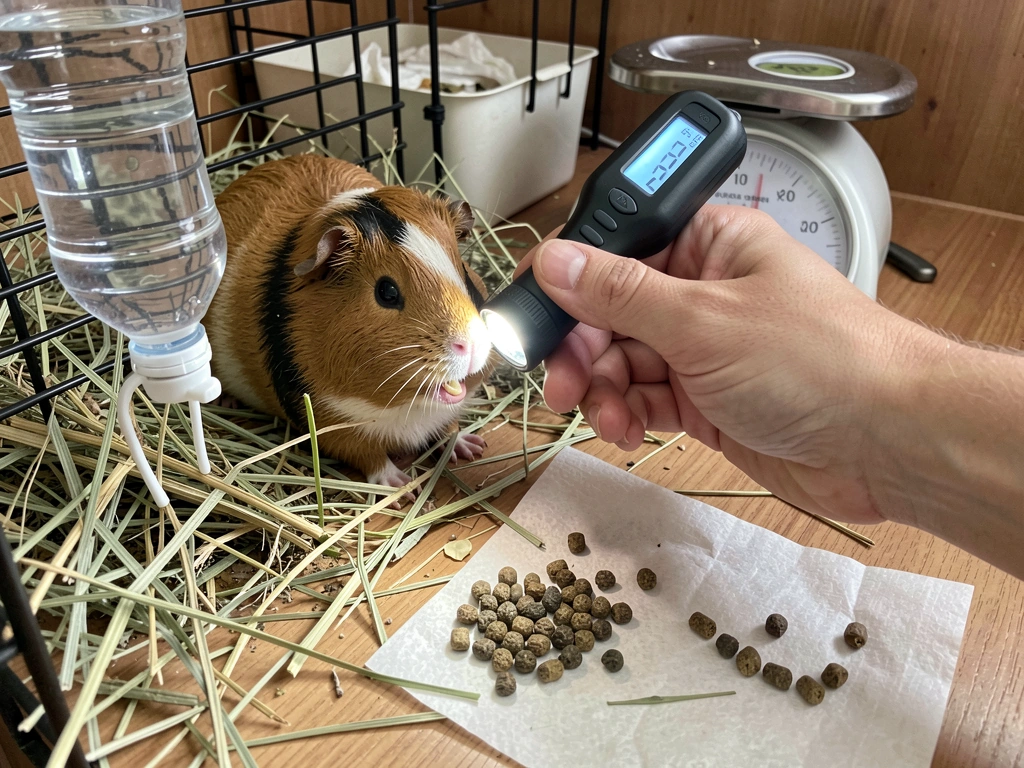 Monitoring a guinea pig after possible bird seed exposure with hay, water, and droppings checked