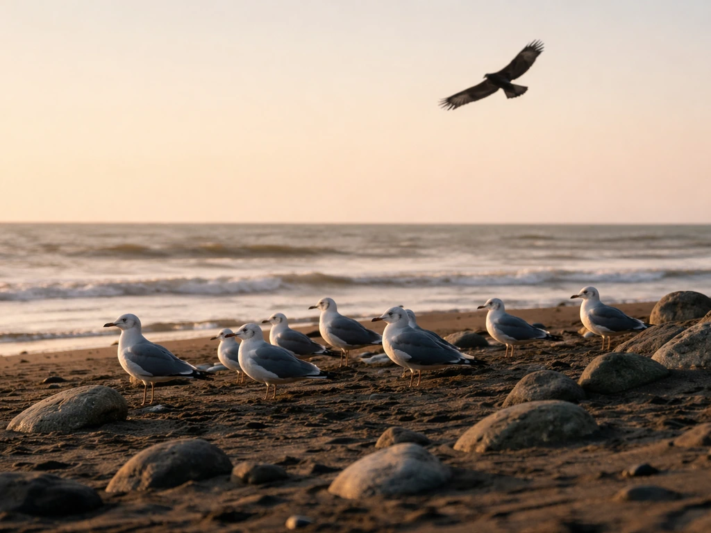 Gulls on a rocky beach with a raptor silhouette overhead, suggesting a predator from a distance.