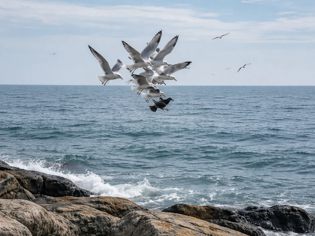 Distant flock of gulls mobbing another bird over a rocky shoreline at the beach.