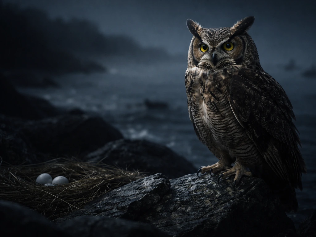Great horned owl perched on a rocky shoreline at night with misty dark water behind