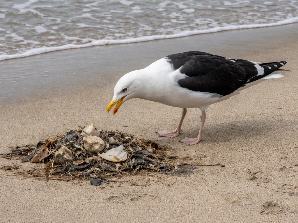 A great black-backed gull pecks near seabird remains and nesting debris on a sandy shoreline.