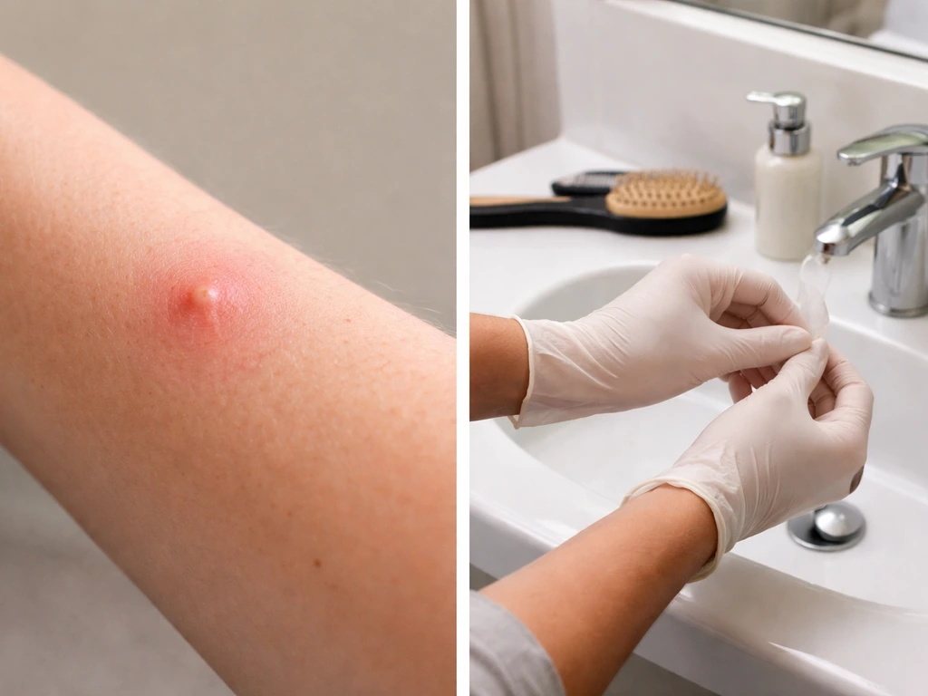 Close-up of skin with mild sting reaction, paired with a simple glove-and-hair tool eye-safety scene.