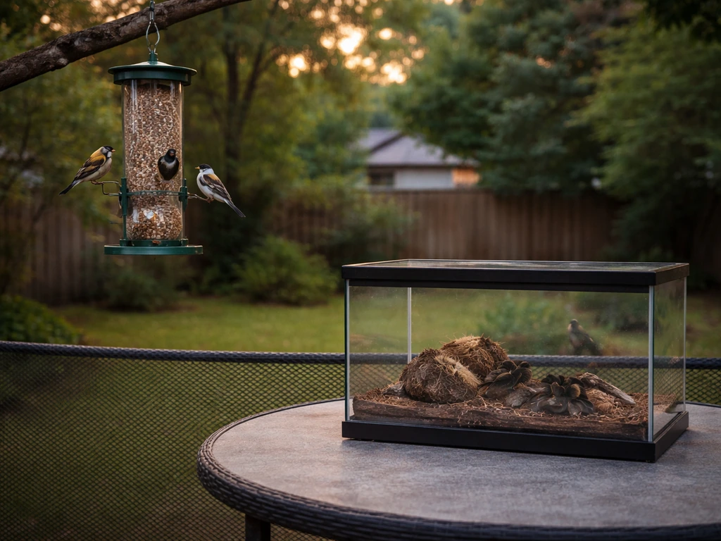 Backyard bird feeder with a secure enclosure barrier and an isolated tarantula terrarium in view.