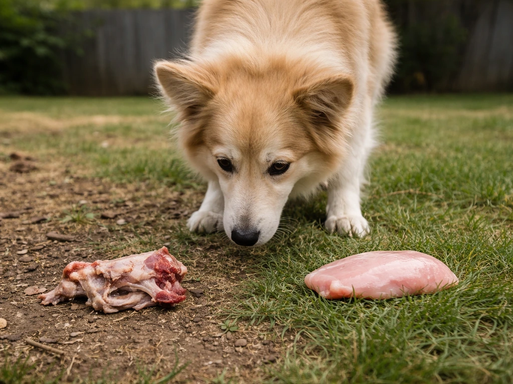 Dog sniffing between fresh and raw bird meat pieces on a simple yard ground.