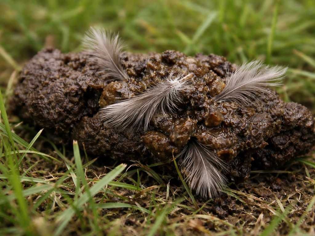 Close-up of a dog’s stool with a few feathers and visible dark gut contents, outdoors in natural light