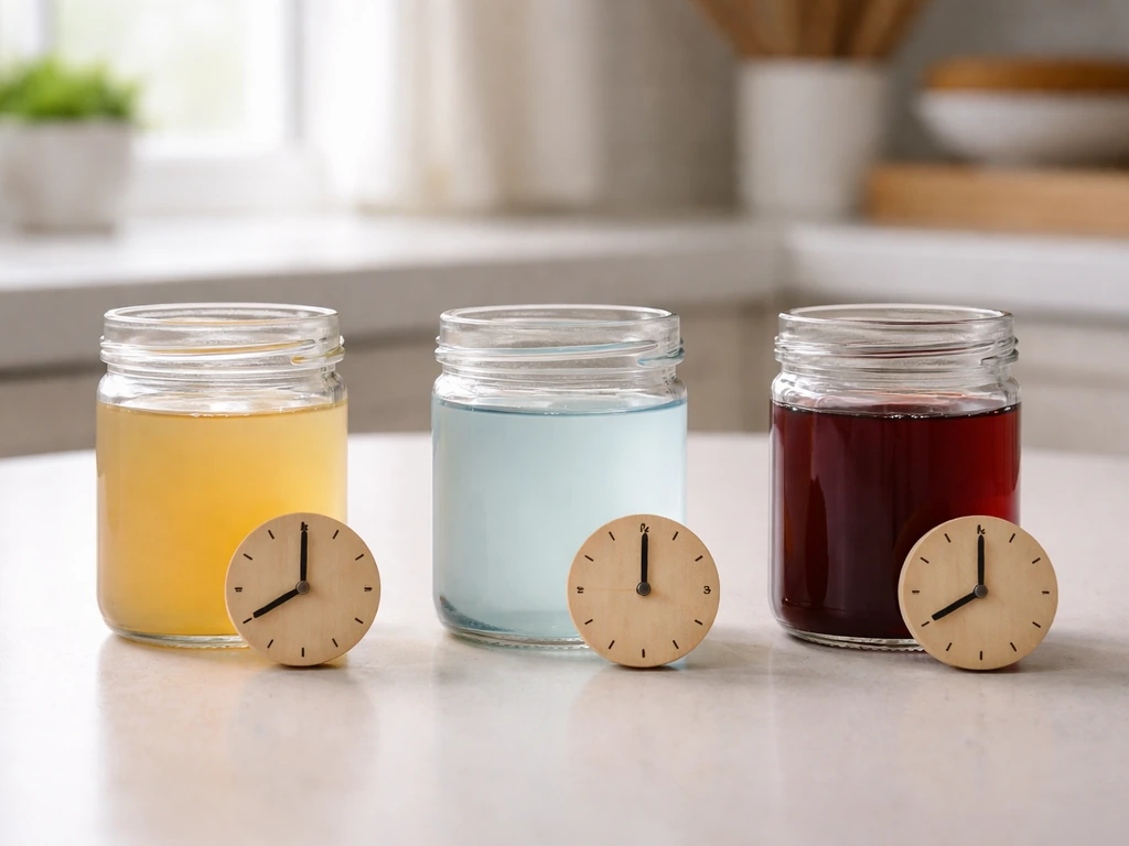 Minimal kitchen counter with three small glass jars and clock props suggesting different symptom timing.